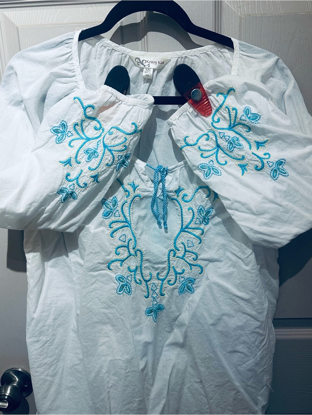 krazy kat White Peasant Blouse with Turquoise Embroidery